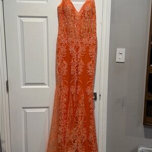 Elegant Orange Lace Evening Gown